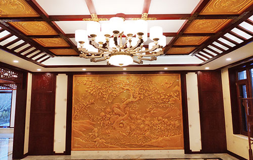 灵台中式别墅客厅中式木作横梁吊顶装饰展示